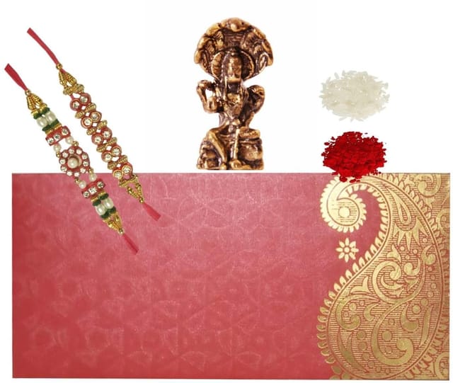 Rakhi Set for Brother: 2 Rakshabandhan Bracelets, Roli Chawal Tika, Miniature Vishnu Statue (rakhi99a)