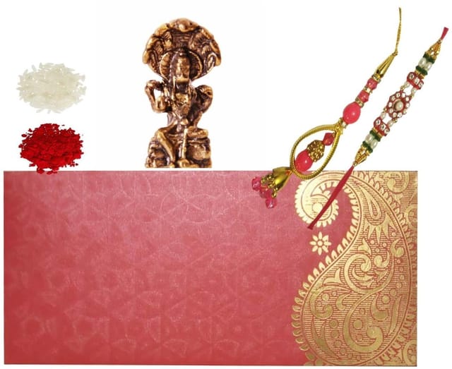 Rakhi Set: Bhai Rakhi Bracelet. Bhabhi Rakhi (Lumba or Latkan), Roli Chawal Tika, Miniature Vishnu Statue (rakhi99c)