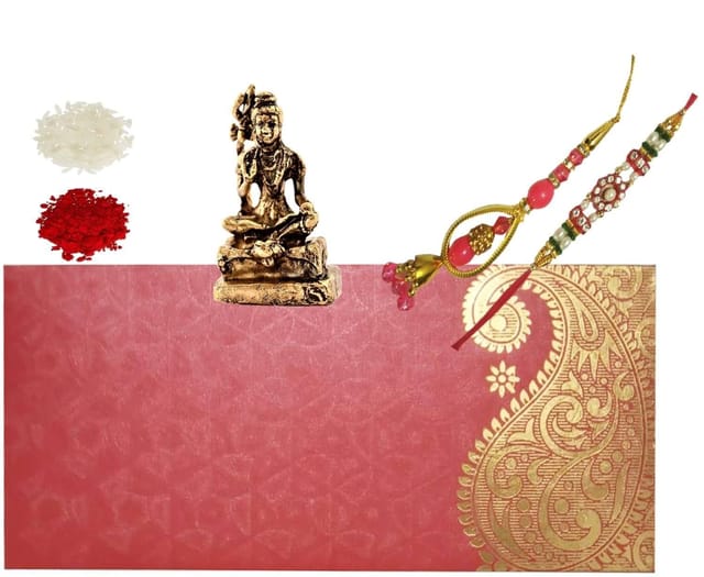 Rakhi Set: Bhai Rakhi Bracelet. Bhabhi Rakhi (Lumba or Latkan), Roli Chawal Tika, Miniature Statue Shiva Siva (rakhi97c)