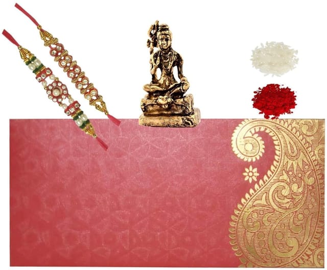 Rakhi Set for Brother: 2 Rakshabandhan Bracelets, Roli Chawal Tika, Miniature Statue Shiva Siva (rakhi97a)