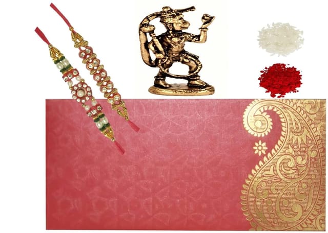 Rakhi Set for Brother: 2 Rakshabandhan Bracelets, Roli Chawal Tika, Miniature Statue Hanuman (rakhi98a)