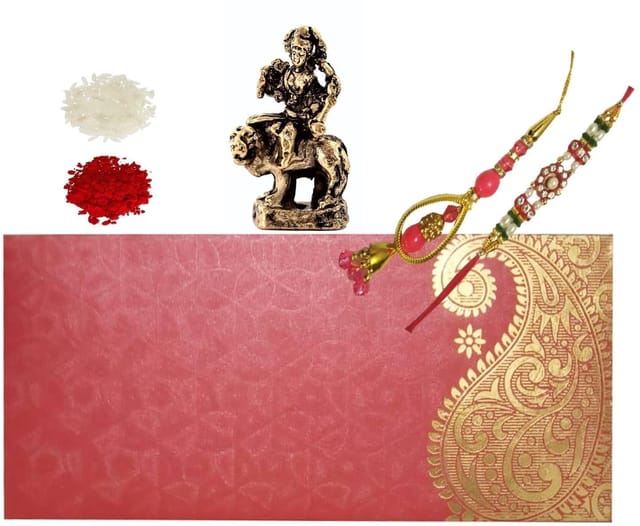 Rakhi Set: Bhai Rakhi Bracelet. Bhabhi Rakhi (Lumba or Latkan), Roli Chawal Tika, Miniature Ma Sherawali Durga Statue (rakhi96c)