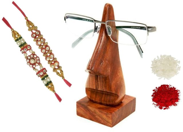 Rakhi Set for Brother: 2 Rakshabandhan Bracelets: Roli Chawal Tika Rakhi Gift Classy Design Spectacle Holder Goggle Stand (rakhi93)