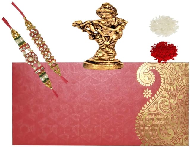 Rakhi Set for Brother: 2 Rakshabandhan Bracelets, Roli Chawal Tika, Miniature Krishna Statue (rakhi95a)