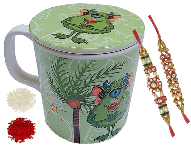Rakhi Hamper for Kids 2 Designer Rakhis, 1 Roli Tika, 1 High Quality Plastic Children's Mug With Lid (rakhi92I)