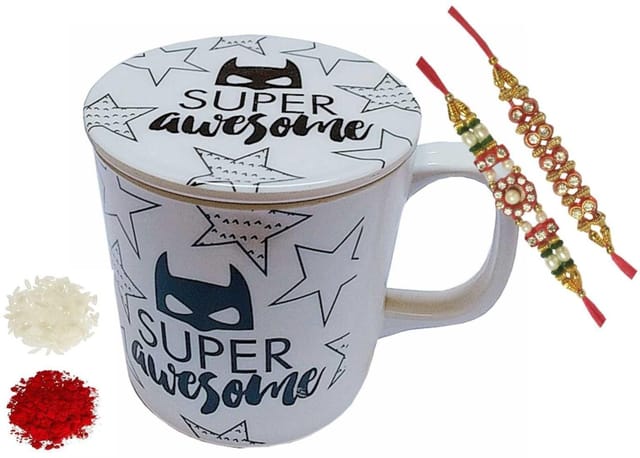 Rakhi Hamper for Kids 2 Designer Rakhis, 1 Roli Tika, 1 High Quality Plastic Children's Mug With Lid (rakhi92G)