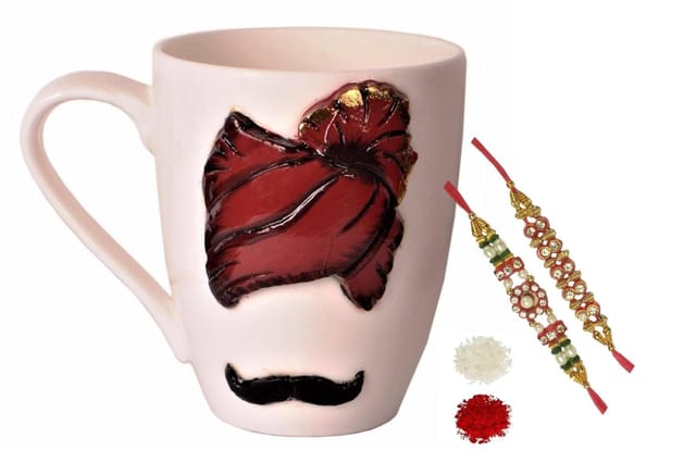 Rakhi Hamper: Designer Ceramic Mug with Turban & Mooch Moustache, 2 Designer Rakhi & Roli Chawal Tika (rakhi89d)