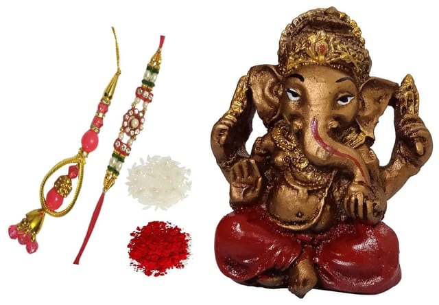Rakhi Set: Bhai Rakhi Bracelet. Bhabhi Rakhi (Lumba or Latkan), Roli Chawal Tika, Elegant Ganesha Statue For Good Luck & Blessings (rakhi91c)