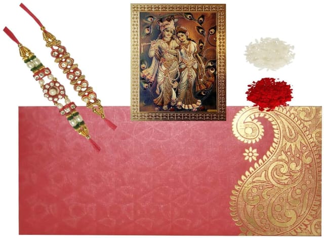 Rakhi Set for Brother: 2 Rakshabandhan Bracelets, Radha Krishna Magnet, Roli Chawal Tika (rakhi80e)