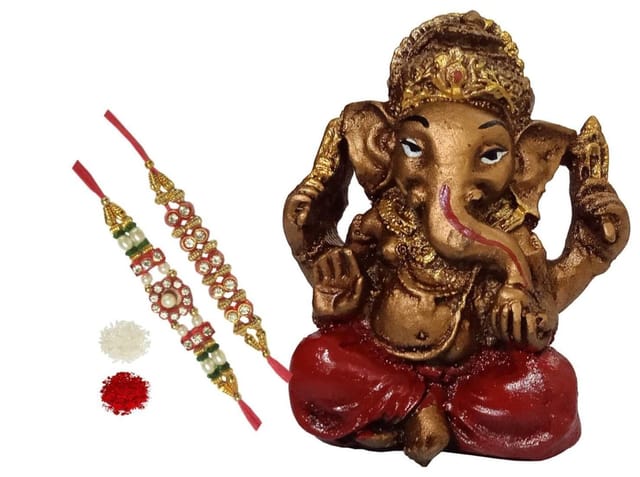 Rakhi Set for Brother: 2 Rakshabandhan Bracelets, Roli Chawal Tika, Elegant Ganesha Statue For Good Luck & Blessings (rakhi91a)