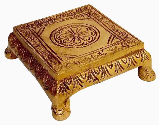 Brass Platform Chowki Aasan Gaddi: Small Square Plinth For Temple Statues Or Artefacts (12056A)