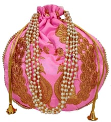 Silk Potli Bag (Clutch, Drawstring Purse): Intricate Gold Thread & Sequin Peacock Embroidery Satchel For Women, Pink (11474B)?