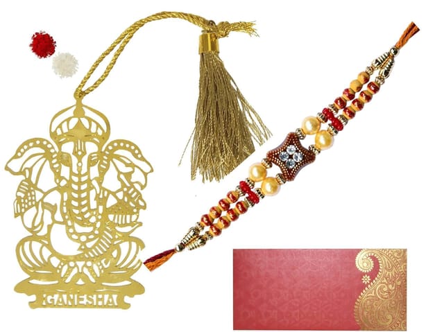 Rakhi Set for Brother: 1 Rakshabandhan Bracelet, Roli Chawal Tika, Elegant Ganesha Hanging for Car, Door Wall (rakhi103a)