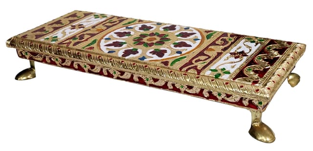 Wooden Aasan Chowki With Meenakari Work: Flower Design Rectangle Plinth Stool Stand For Placing Idols, Vases or Artefacts (12665)