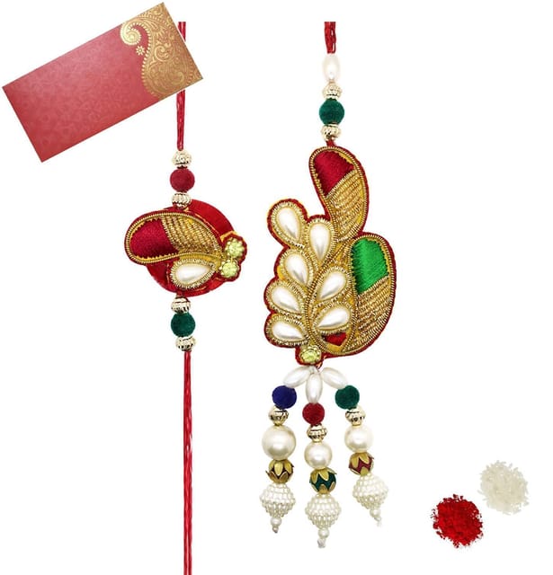 Rakhi Set For Brother & Bhabhi In Designer Shagun Envelop With Roli Chawal Tika (rakhi Temp36c)