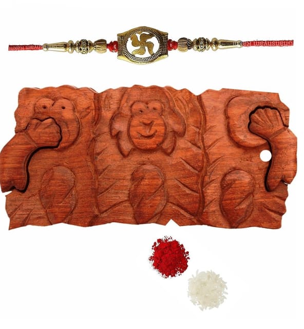 Memorable Rakhi Hamper For Brother : 3 Monkey Wooden Mystery Box With 1 Designer Rakhis & Roli Chawal Pack (rakhi temp34)