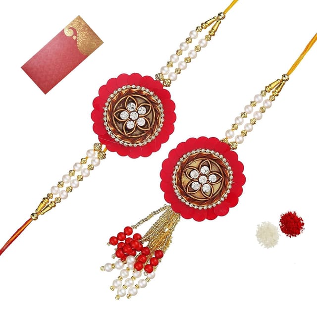 Rakhi Set For Brother & Bhabhi In Designer Shagun Envelop With Roli Chawal Tika (rakhi Temp26c)