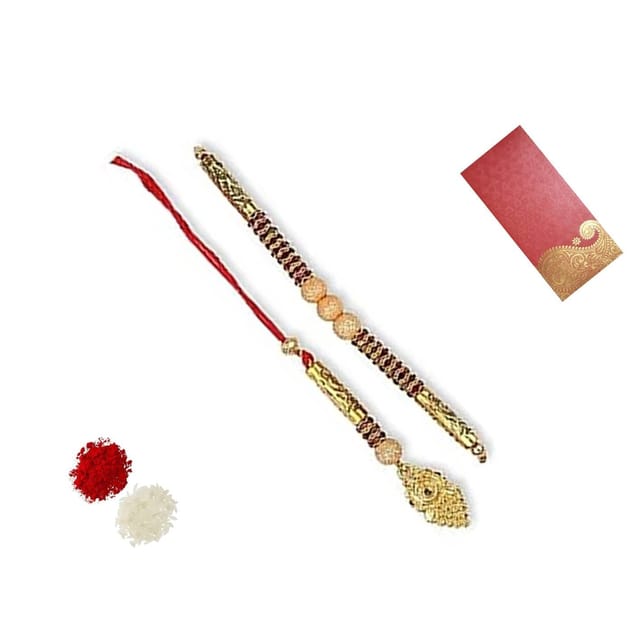 Rakhi Set For Brother & Bhabhi In Designer Shagun Envelop With Roli Chawal Tika (rakhi Temp10c)