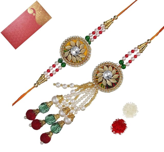 Rakhi Set For Brother & Bhabhi In Designer Shagun Envelop With Roli Chawal Tika (rakhi Temp19c)