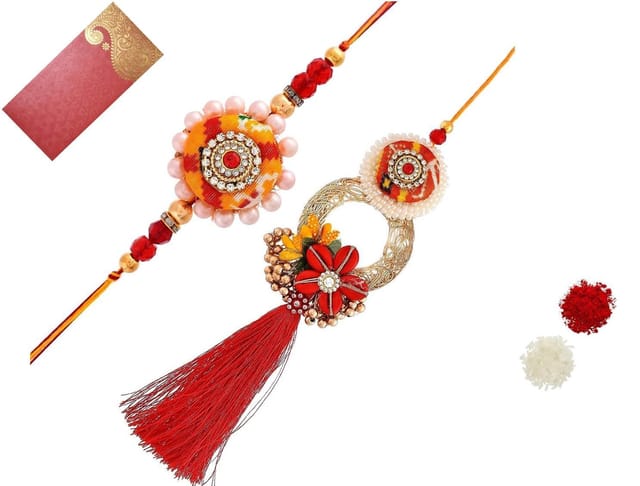 Rakhi Set For Brother & Bhabhi In Designer Shagun Envelop With Roli Chawal Tika (rakhi Temp20c)
