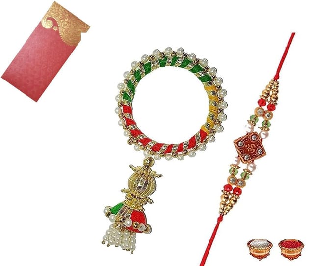 Rakhi Set For Brother & Bhabhi In Designer Shagun Envelop With Roli Chawal Tika (rakhi Temp16c)