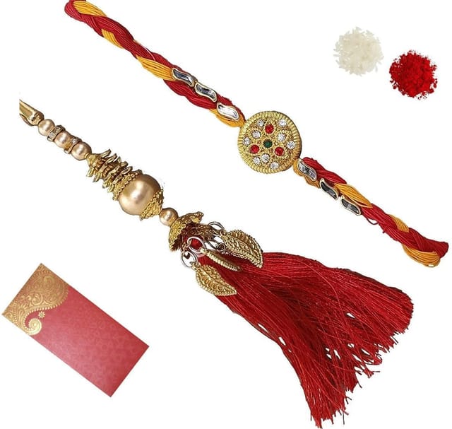 Rakhi Set For Brother & Bhabhi In Designer Shagun Envelop With Roli Chawal Tika (rakhi Temp17c)