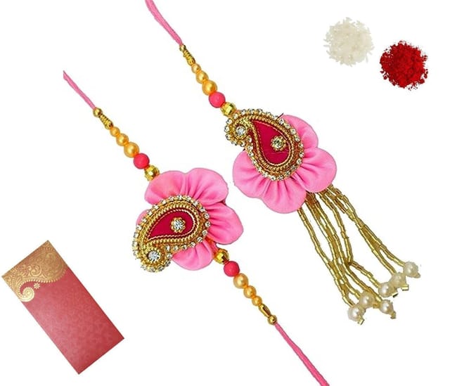 Rakhi Set For Brother & Bhabhi In Designer Shagun Envelop With Roli Chawal Tika (rakhi Temp18c)
