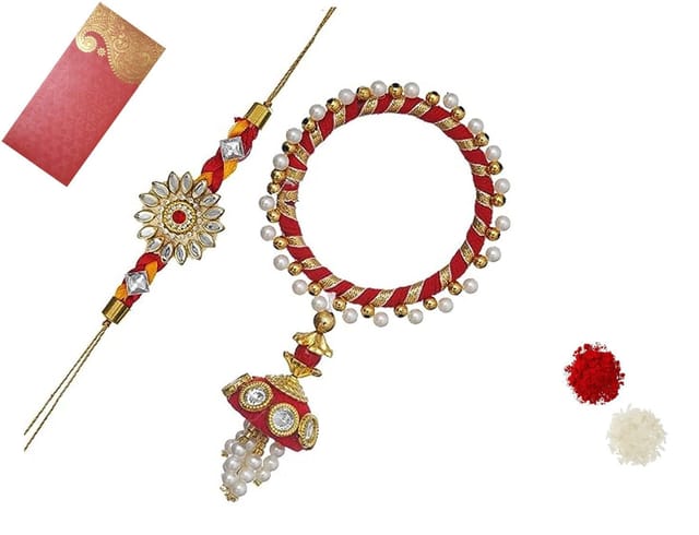 Rakhi Set For Brother & Bhabhi In Designer Shagun Envelop With Roli Chawal Tika (rakhi Temp15c)