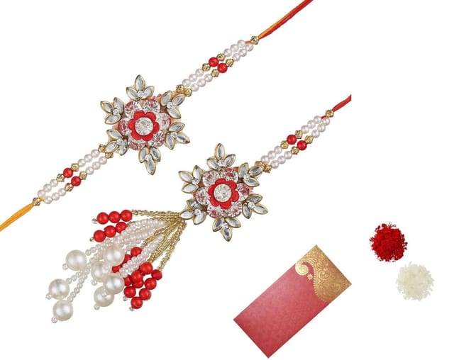 Rakhi Set For Brother & Bhabhi In Designer Shagun Envelop With Roli Chawal Tika (rakhi Temp14c)