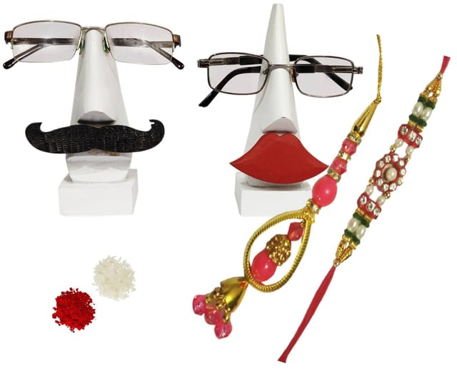 Rakhi Set for Brother and Bhabhi: 2 Rakshabandhan Bracelet, Roli Chawal Tika, 2 Spectacle holders for both (rakhi Temp07c)