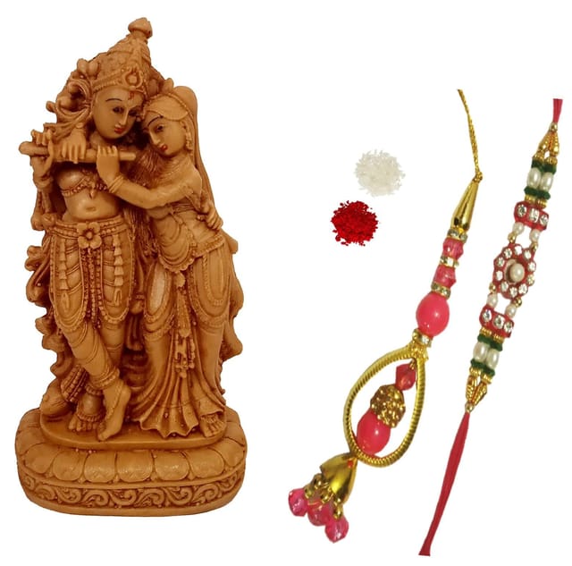 Rakhi Set For Brother & Bhabhi : Resin Statue of Radha Krishna, 2 Designer Rakhis Roli Chawal (Rakhi Temp08c)