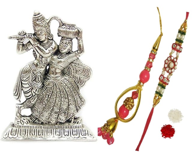 Rakhi Set For Brother & Bhabhi : White Metal Statue of Radha Krishna, 2 Designer Rakhis Roli Chawal (Rakhi Temp06c)