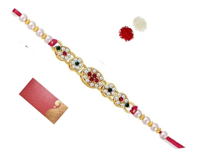 Designer Rakhi Set for Brother Bhai Bhaiya in Shagun Envelop With Roli Tika (Rakhi Temp03)
