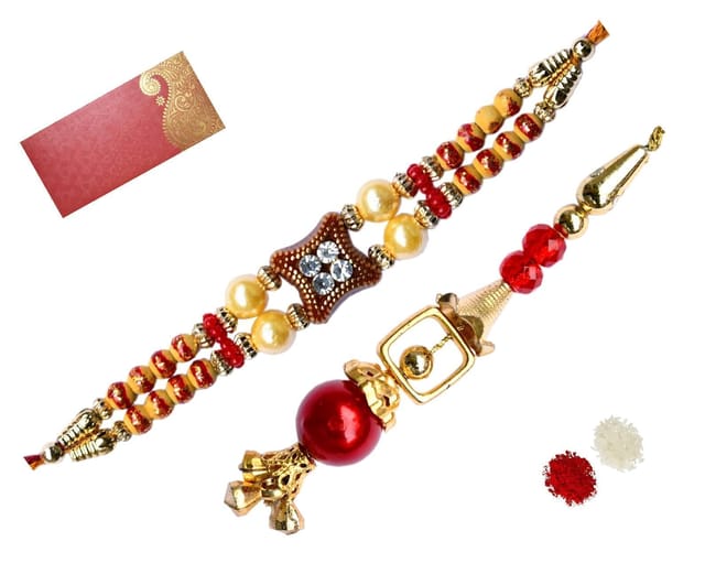 Rakhi Set For Brother & Bhabhi In Designer Shagun Envelop With Roli Chawal Tika (rakhi38)