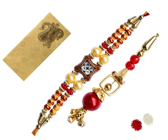 Rakhi Set For Brother & Bhabhi In Designer Shagun Envelop With Roli Chawal Tika (rakhi35)