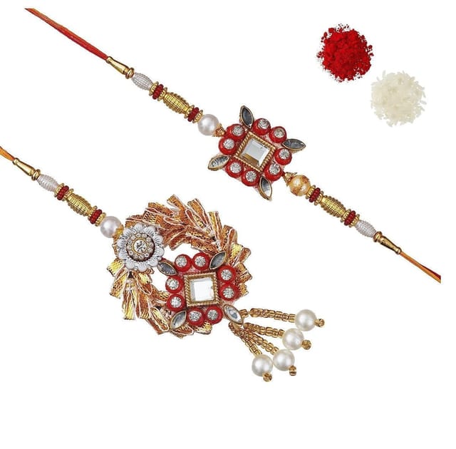 Rakhi Set For Brother & Bhabhi In Designer Shagun Envelop With Roli Chawal Tika (rakhi Temp04c)