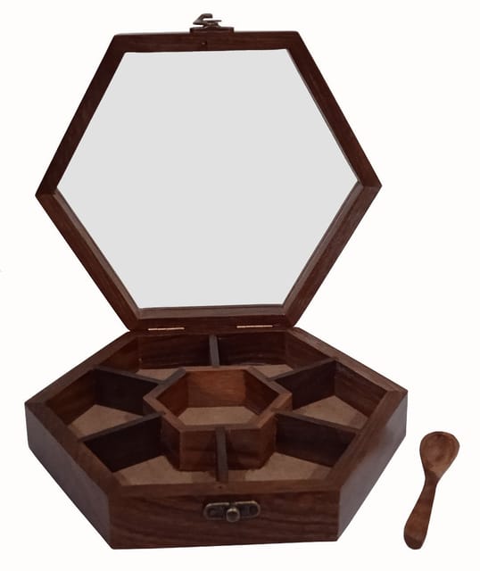 Wooden Masala Spice Storage Box: 7 Slots for Spices Trinkets Jewellery (12336A)