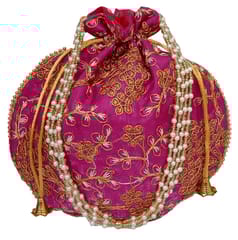 Silk Potli Bag (Clutch, Drawstring Purse): Intricate Gold Thread & Sequin Embroidery Satchel For Women, Rani Pink Fuchsia (12602G)
