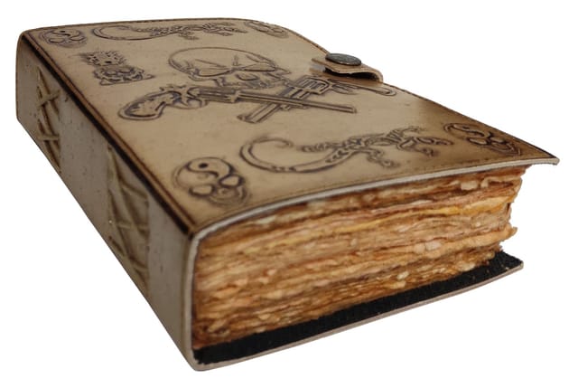 Leather Diary Journal With Emboss Design 'Guns & Skull' Handmade Tree-Free Cotton Paper With Deckled Edges In Antique Finish, Vintage Lock, 7*5 Inches, 188 Pages, Eco Friendly Classy Gift (12728)