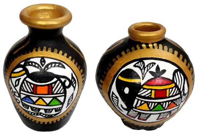 Terracotta Madhubani Design Flower Vase Set of 2: Artisan Painted Decorative Earthen Clay Pot (12707D)