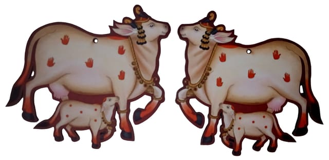 Wooden Wall Hanging Kamdhenu & Calf: Set Of 2 Digital Print Cutouts For Mounting On Home Temple Door, Wall Or Windows (12686)