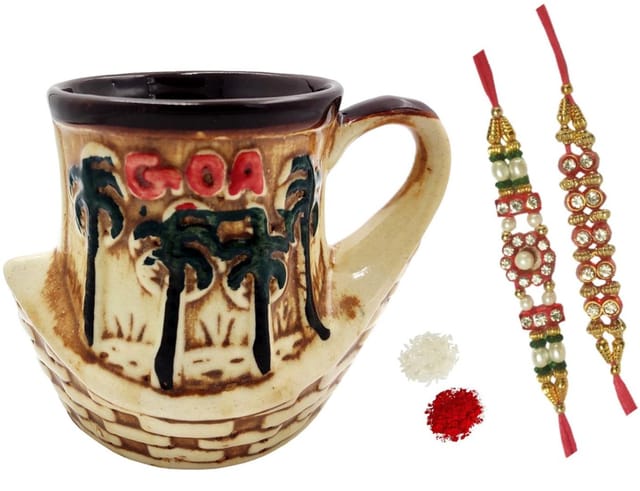 Rakhi Hamper: Designer Ceramic Mug with shpaed like a boat 2 Designer Rakhi & Roli Chawal Tika (rakhi89E)