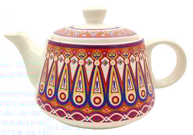 Ceramic Kettle In Rustic Studio Pottery 'Colorful Patterns': Artisan Handmade Wide-Body-Low-Height Glazed Coffee Teapot 850ML (12753C)