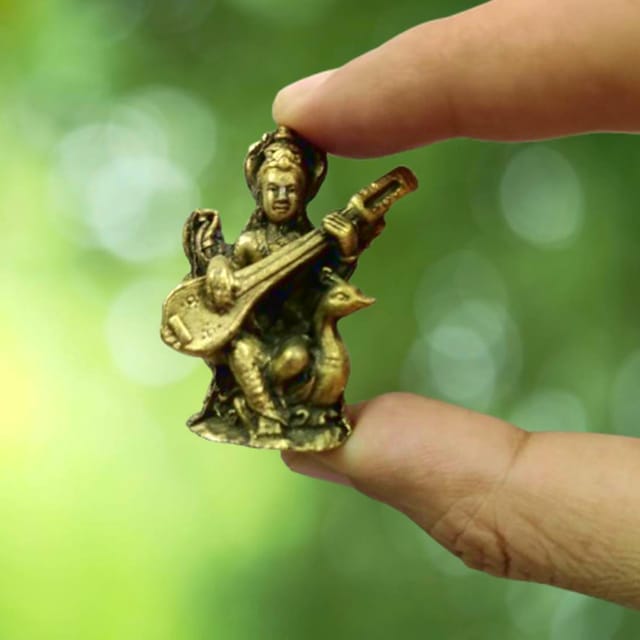 Metal Idol Saraswati (Saraswathi): Rare Collectible Small-But-Heavy Statue, Golden, 1.5 Inch (12599C)