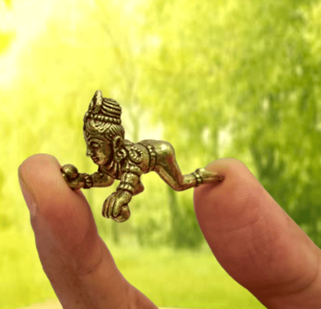 Rare Miniature Brass Idol Laddu Gopal Baby Krishna: Collectible Statue With Detailed Very Fine Workmanship (12698V)