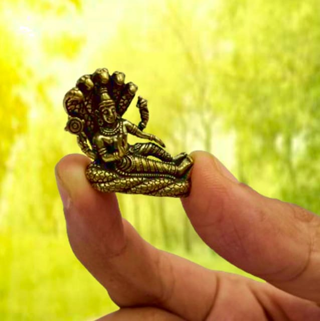Rare Miniature Brass Idol Vishnu Resting on Sheshnag Serpent In Ananthasayanam Pose: Collectible Statue With Detailed Very Fine Workmanship (12698T)