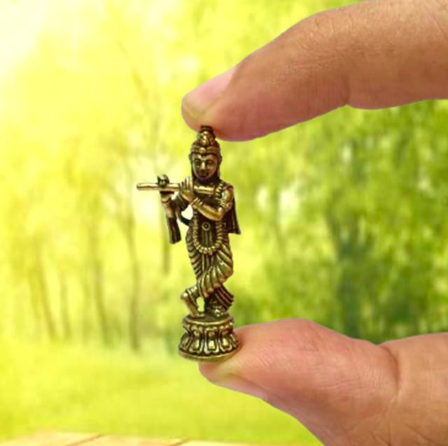 Rare Miniature Brass Idol Krishna Playing Flute Bansuri: Collectible Statue With Detailed Very Fine Workmanship (12698U)