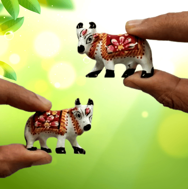 Enamelled Metal Miniature Sideways Cow Pair: Colorful Meenakari Art, Set of 2 Figurines (12291)