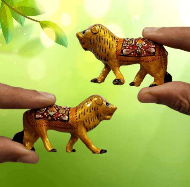 Enamelled Metal Miniature Lion Pair: Colorful Meenakari Art, Set of 2 Figurines (12298)