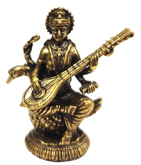 Rare Miniature Brass Idol Saraswati (Saraswathi), Hindu Goddess Of Knowledge, Music & Art: Collectible Statue With Detailed Very Fine Workmanship (12698Z3)